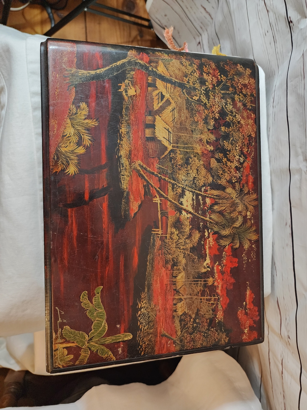 Vintage Mid 20th Century Wood Box Vietnamese Lacquered Photo Album Scrap Book